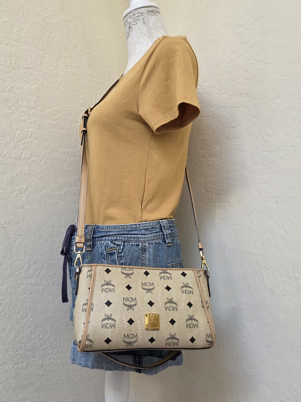 MCM  Cream Small Handbag Shoulder Bag With Long Handle AUTHENTIC